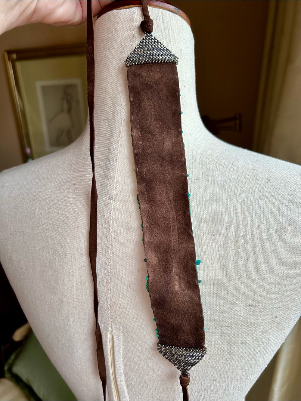 Vintage 1990’s Leather Hand-Painted Hand-Made Choker with Turquoise Beads - Picture 2 of 8